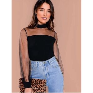 Black Sheer Mesh Yoke Blouse Shein